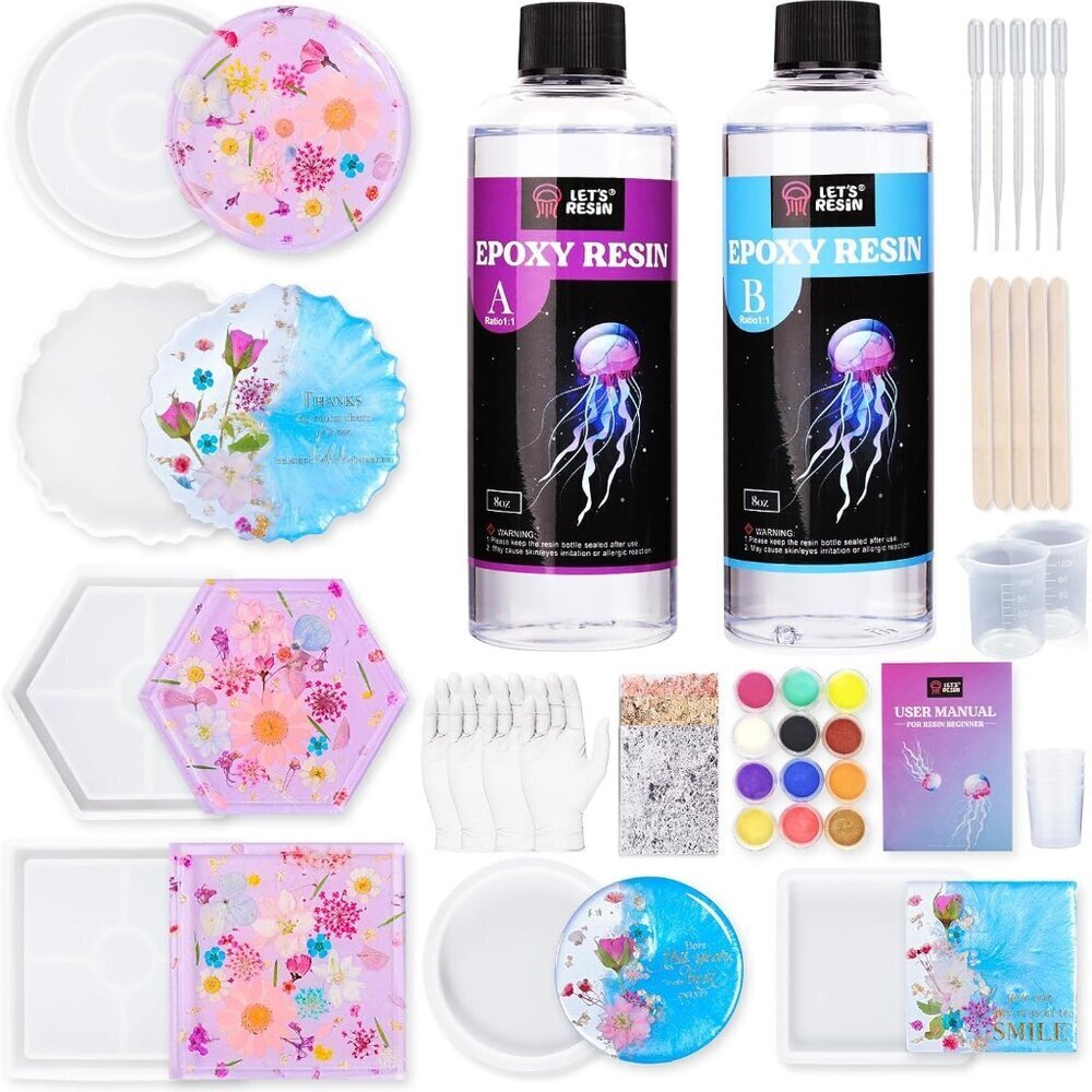 Coaster Kit, 16oz DIY Epoxy Resin Kit with Molds and Mica Powder Complete Set, C